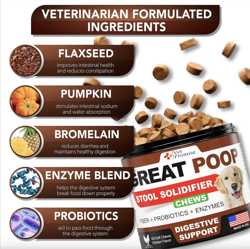 Great Poop - Stool Solidifier Chews for Dogs, Fiber + Probiotics + Enzymes, 120 Count